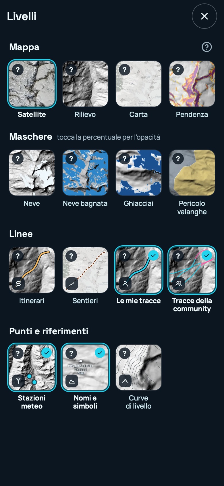 L'app su telefono con il foglio dei livelli aperto a tutto schermo: quattro mappe di base (satellite, rilievo, carta, pendenza), quattro maschere (neve, neve bagnata, ghiacciai, pericolo valanghe), quattro linee (itinerari, sentieri, le mie tracce, tracce della community) e tre punti di riferimento (stazioni meteo, nomi e simboli, curve di livello).