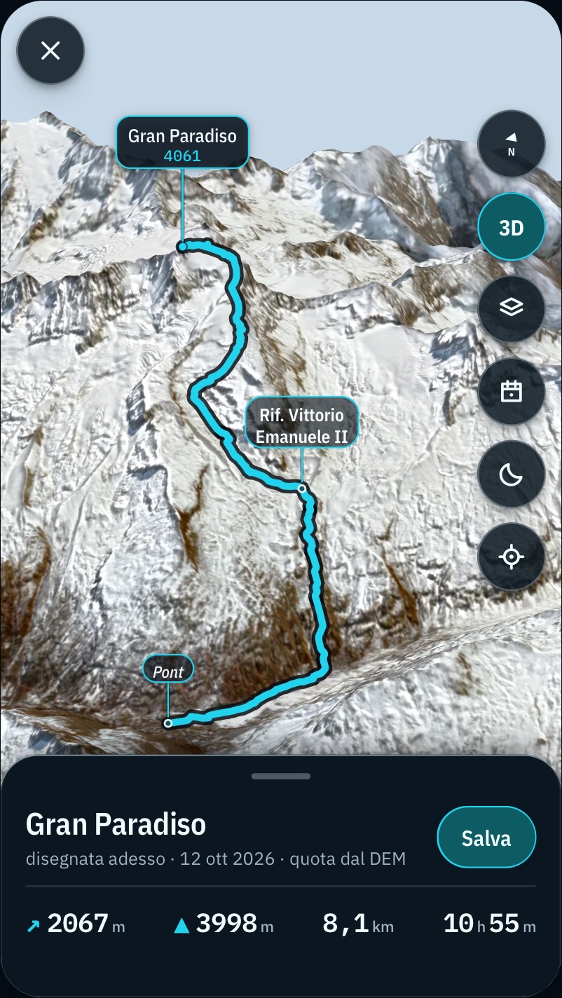 La schermata di disegno dell'app dopo «Fatto»: il Gran Paradiso in 3D con la foto Sentinel-2 del 18 aprile 2026, la traccia da Pont alla cima e i nomi dei tre luoghi che tocca alzati su steli: Pont, il rifugio Vittorio Emanuele II, Gran Paradiso 4061.