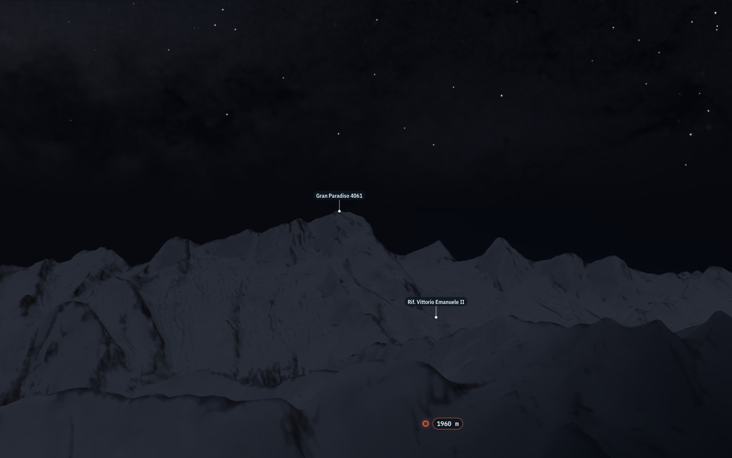Il massiccio del Gran Paradiso in rilievo, con la foto Sentinel-2 del 19 marzo 2026 di notte, sotto le stelle, e la linea d'esempio da Pont alla vetta col punto arancione fermo a Pont.