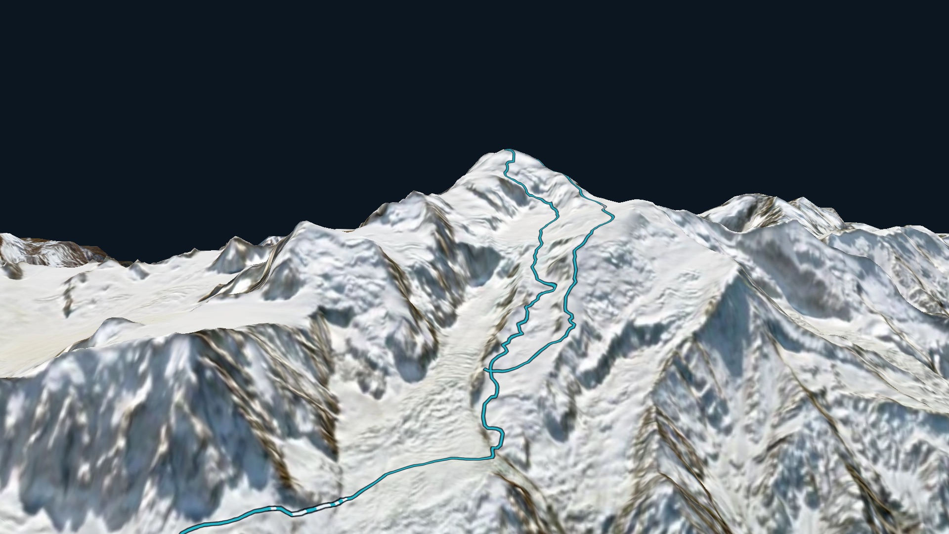Il massiccio del Monte Bianco in 3D, innevato, dal satellite Sentinel-2 del 18 aprile 2026, con la traccia dai Grands Mulets alla cima.